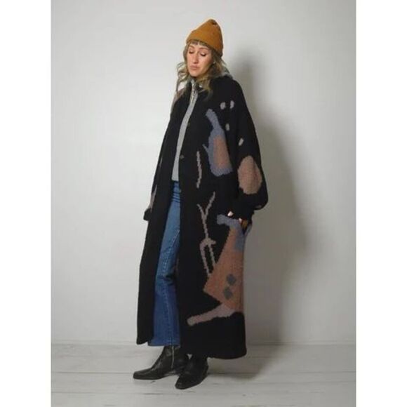 SEGUE Unisex Vintage 80s Wool Blend Abstract Button Down Duster Cardigan Sweater - Picture 2 of 12